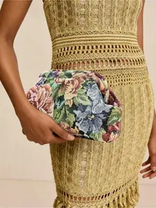 Vintage Oil Painting Floral Jacquard Clutch Bag, Elegant Pleated Cloud Evening Party Purse Retro Art Print Casual Handbag For Women