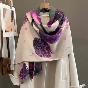 Women's Thick Winter Scarf, Elegant Floral Print, Classic Style Warm Shawl, Purple Pattern Tassel Scarf