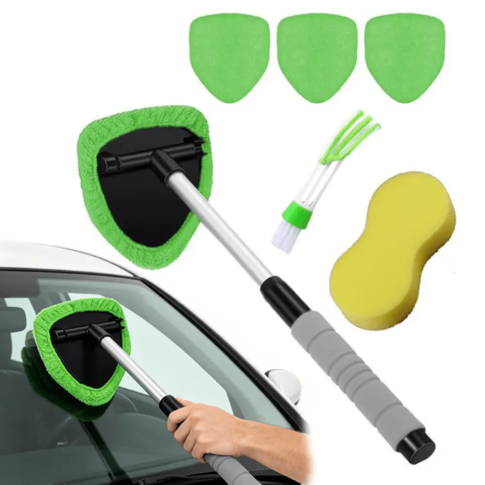 Extendable Anti-Slip Handle Streak-Free Windshield Cleaner Tool - 180° Pivoting Head, 4 Microfiber Pads, 5.7" W x 6.1" L Kit, 1 Cleaning Brush, 1 Washing Sponge, Towel for Cars, Trucks, Buses, Commercial Vehicles & Home Interior Windows