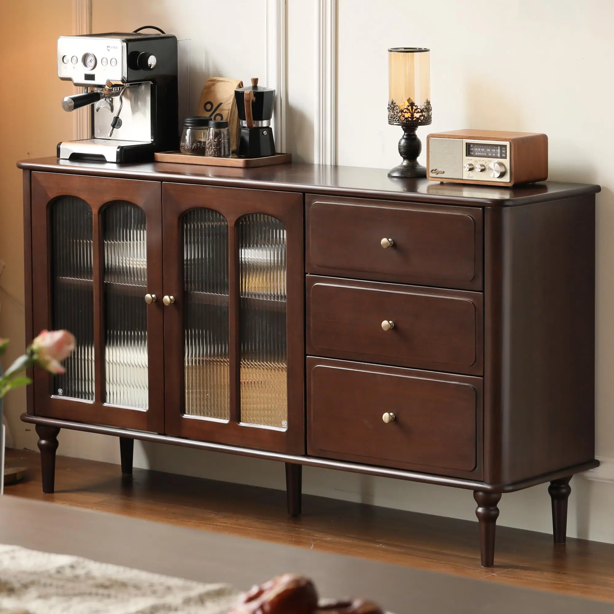 YESWOOD 100% Solid Wood Sideboard Buffet Cabinet, 49.2'' Vintage Storage Cabinet with Arch Fluted Glass Door & 3 Drawers for Dining Room, Living Room, Entryway, narrow accent table, silent slide, Walnut