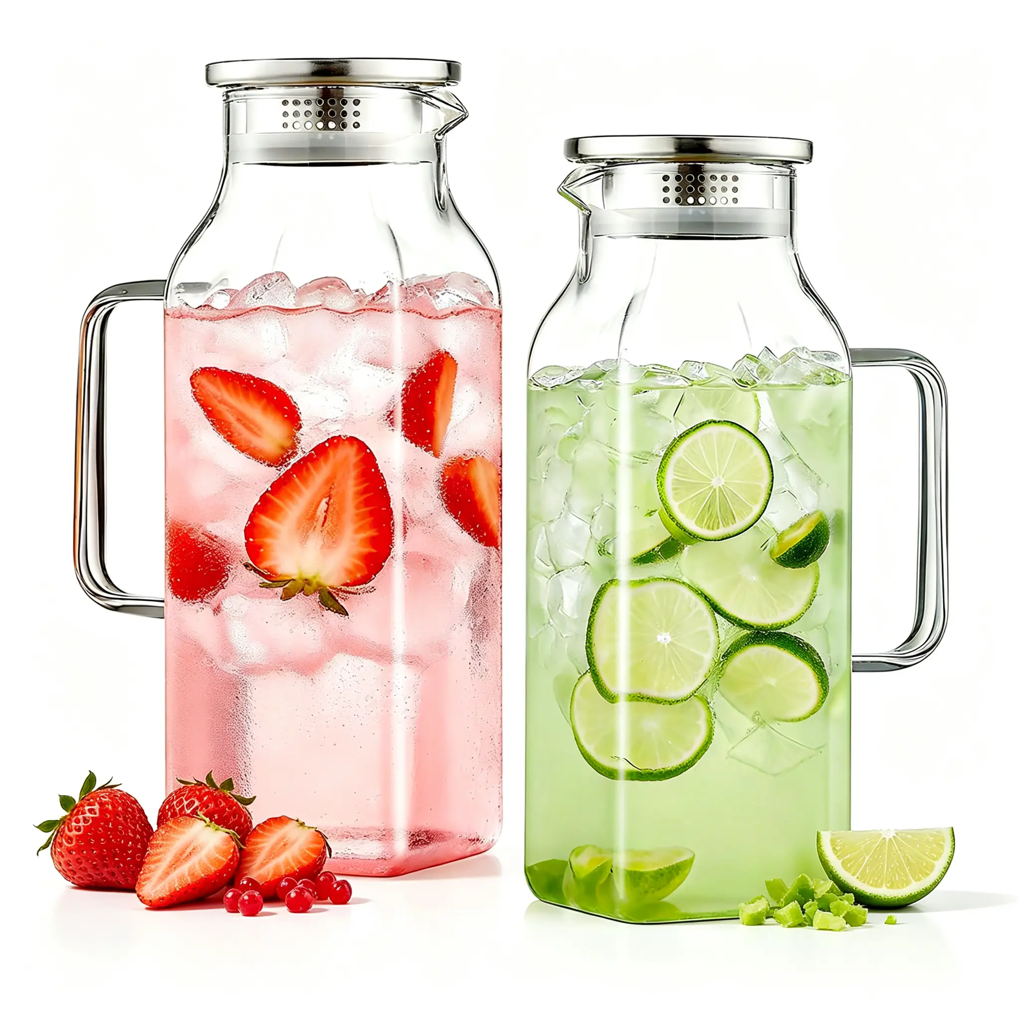 2-Piece Square Shape Borosilicate Glass Pitcher Set, 2.22L/68oz Heat-Resistant Beverage Jug with Lid & Handle for Iced Tea, Coffee Serving