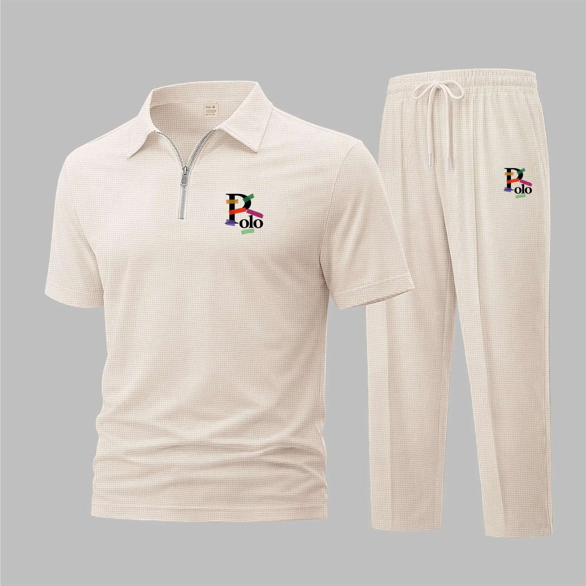 Men’s Color Block Letter Graphic Waffle Knit Polo Shirt and Pants Set – Modern Multicolor Print Short Sleeve Zip-Up Collar Polo and Jogger Set, Lightweight Breathable Comfortable Casual Sportswear for Travel, Daily Wear