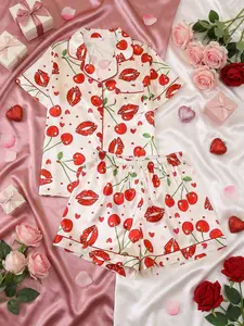 Lips Cherry Print 2-Piece Pajama Set, Button Front Short Sleeve & Elastic Shorts, Heart Pattern Homewear, Perfect Valentine's Gift, Nightwear, Loungewear