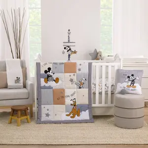 Mickey Mouse Love Mickey Gray, Navy, and Tan Donald Duck and Pluto, Clouds and Stars 3 Piece Nursery Crib Bedding Set - Comforter, Fitted Crib Sheet, and Crib Skirt