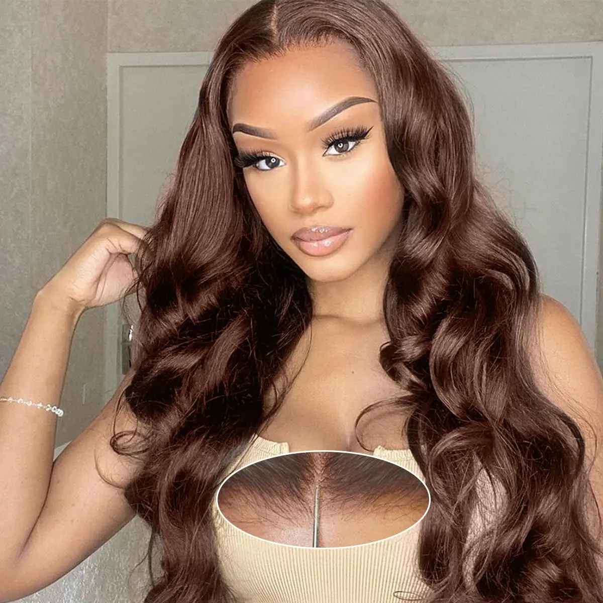 Bling Hair 32 Inch Brown Wig Human Hair 180% Density Brown Human Hair Wig Body Wave 7x5 Closure Wigs Wear And Go Glueless Wigs Human Hair Pre Plucked Pre Cut #4 Chocolate Brown Lace Wig For Women #TikTokShopBlackFriday