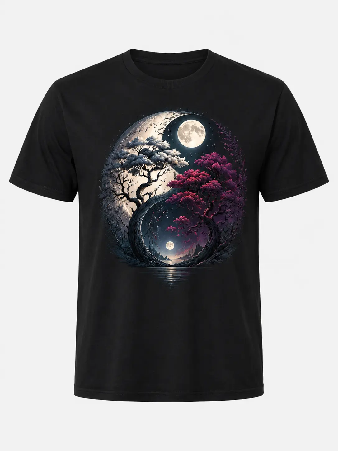 Men's Plus-Size Loose Short-Sleeve Lightweight Fitted Print T-Shirt - Black, Yin-Yang Nature-Inspired Double Tree Design with Moon, Flying Birds, Ideal for Nature Lovers, Casual Summer Day Wear, Shortsleeve, Menswear, Tops, Round Neck