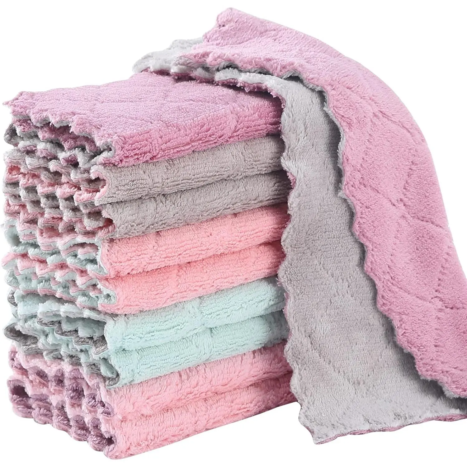 10Pack Kitchen Cloth Dish Towels,Super Absorbent Coral  Dishtowels,Nonstick Oil Washable Fast Drying,Double-Sided Dish Towel, for Table Dish Glass Pet Paw(5Colors)