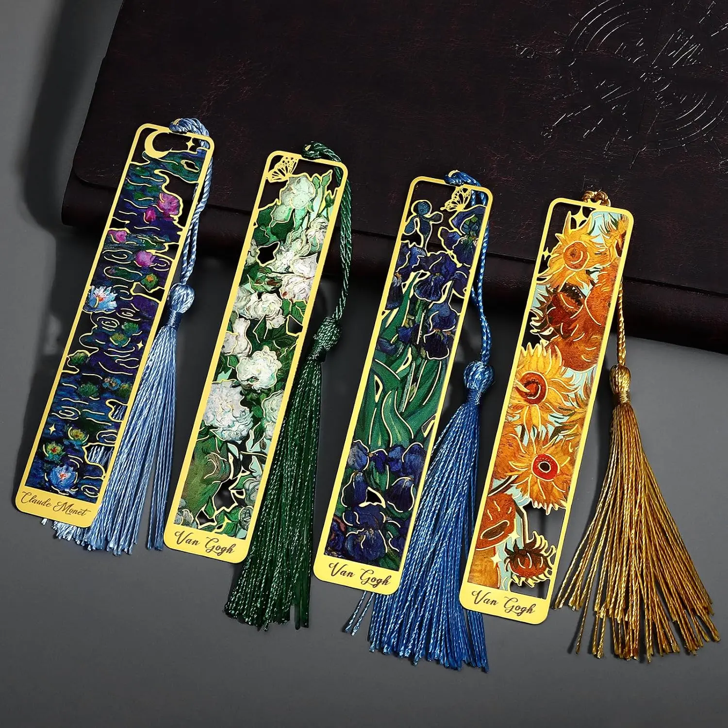 4 count Metal Bookmarks with Tassels,Oil Painting Theme Aesthetic Golden Bookmarks with Tassel for Reading Women Man Book Lovers Writers Adult  Teens