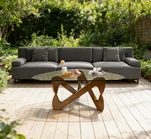 Modern Triangular Tempered Glass Coffee Table with Explosion-Proof Design, Hand Rounded Corners, Pure Solid Imported Oak Wood Base & Triangular Stable Structure, Ideal for Family, Living Room, Patio & Office