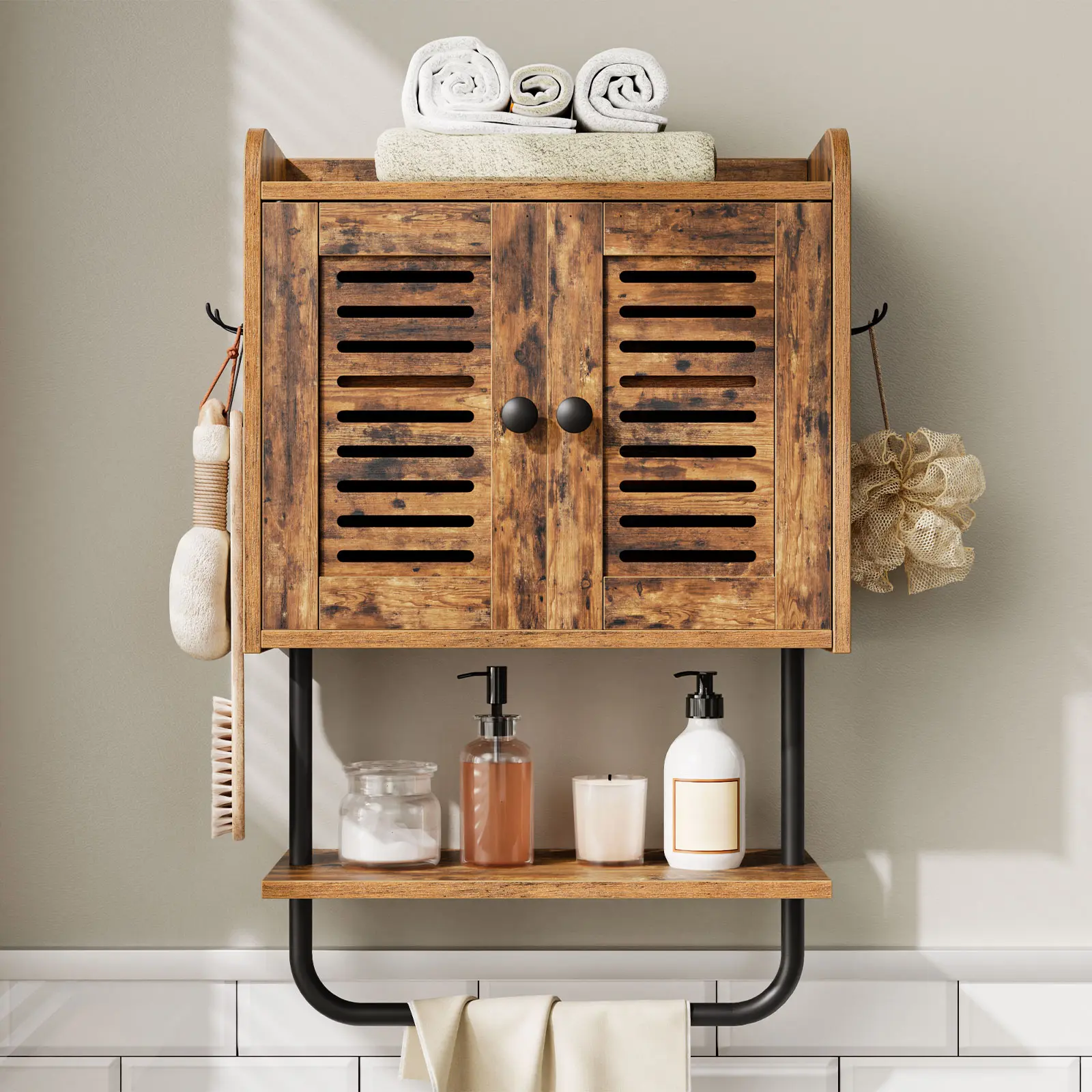 HOOBRO Double Doors Bathroom Wall Cabinet with Towel Bar, Adjustable Shelf, 2 Hooks, Medicine Cabinet Over The Toilet Storage Cabinet, for Bedroom, Kitchen, Rustic Brown Modern Sideboard #SummerVibes