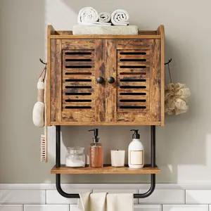 HOOBRO Double Doors Bathroom Wall Cabinet with Towel Bar, Adjustable Shelf, 2 Hooks, Medicine Cabinet Over The Toilet Storage Cabinet, for Bedroom, Kitchen, Rustic Brown Modern Sideboard #SummerVibes