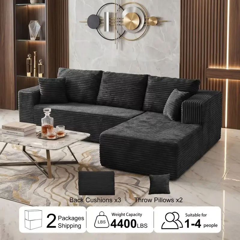 L-Shaped Corduroy Modular Sectional Sofa Set - 96" Width, Memory Foam Cushions, Chaise Lounge, 2 Throw Pillows, No Assembly Required, 3D Cutting Technology, Customizable, 3-4 Person Capacity, Cloud-Like Comfort for Living Room Bedroom Indoor Furniture