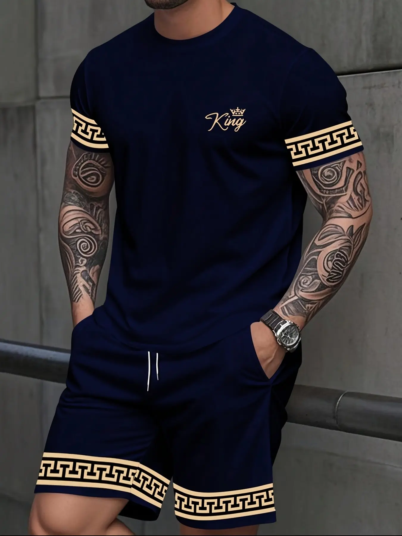 Men's Fashion Short Sleeve Matching Set, Geometric Graphic Pattern, Casual Summer, Loose-Fitting Round Neck Tee and Shorts