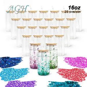 USA 25pcs 16oz Snow Globe Glass Tumbler Double Wall Glass Beer Cola Juice Cold Coffee Mugs Can With Pre Drilled Hole Plug Reusable Mugs Drinkwarehouse