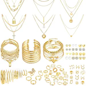 93 Pcs Golden Jewelry Set for Women Costume Jewelry Pack Golden Plated Necklace Bracelet Stackable Ring Earrings Jewelry for Christmas New Year