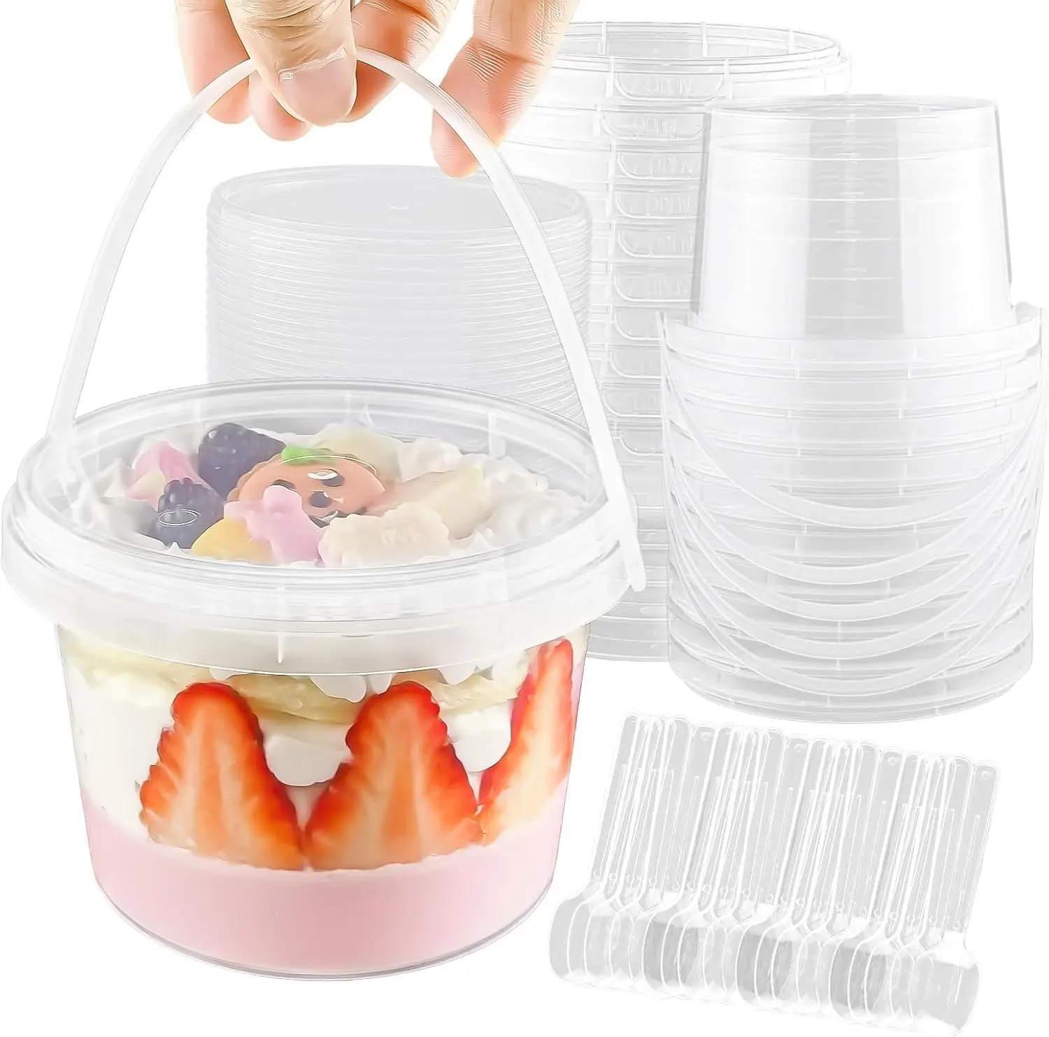 16oz 20 Set Clear Plastic Cups with Lids & Spoons,Portable Handle Disposable Dessert Cups for Outdoor Parties Packing Fruit/Dessert/Parfait/Ice Cream/Jello/Pudding/Cake/Snack/Milkshake/Cookie repurpose compostable cups Drinkware tiktokshopspringglowup