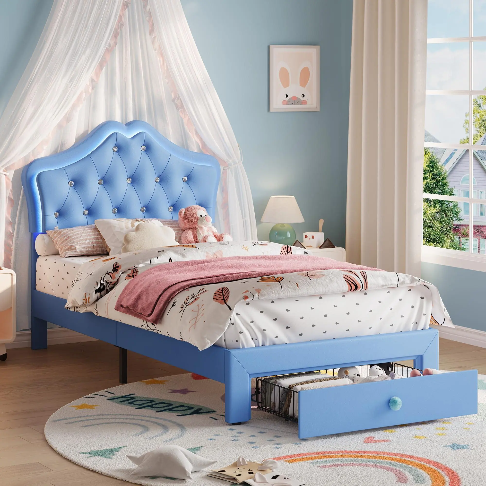 Blue Twin Size Bed Frame with LED Lights,Upholstered Platform Bed with Storage Drawer,Crystal Tufted Headboard for Boys/Girls,Kids,Teens,Noise-Free Slats & Easy Assembly