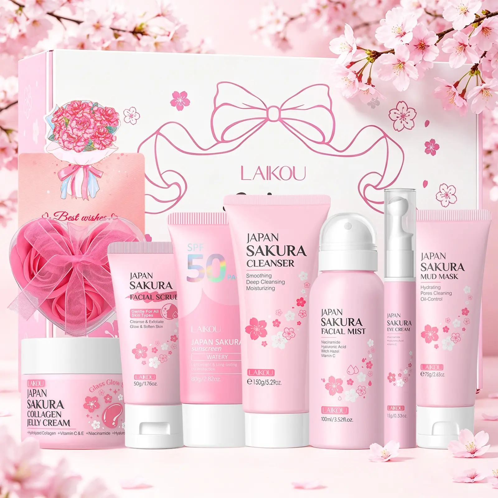 LAIKOU Japan Sakura & Collagen 7-Step Facial Routine Kit - 10-Piece Luxury At-Home SPA Beauty Box for Glowing Skin - High-Aesthetic Pink Gift Present with Large Custom Organizer Case for Teens & Girls - Facial Set