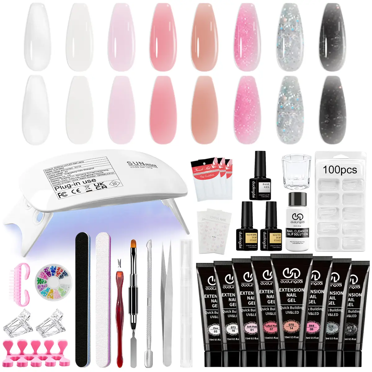 duolingdai 8 Colors Tube Poly Builder Gel Kit 03, UV Soak Off Nail Extension Gel, Clear Soft Pink Nude & Glitter Shades, Manicure Set With Mini UV Lamp, Base, Dual Top Coat, Slip Solution, Decorations & Full Nail Tools For DIY Nails