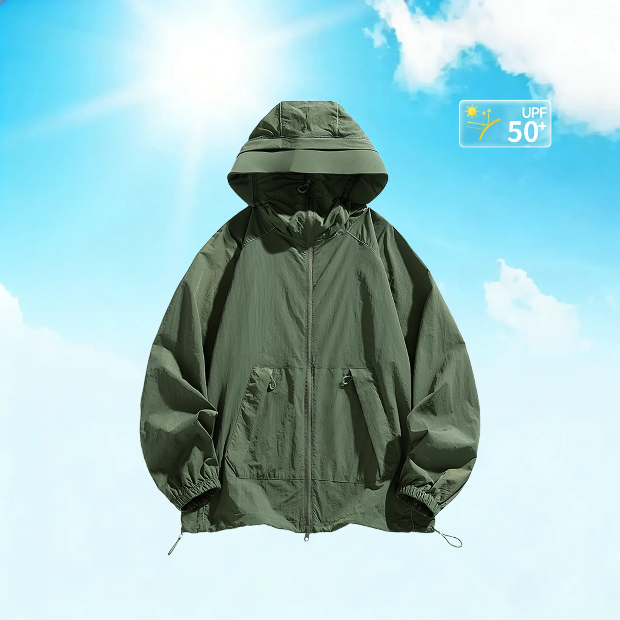 Men's Sun Protection Jacket UPF 50+ Hooded - Lightweight Full-Zip Windproof Jacket, Breathable UV Outdoor Jacket