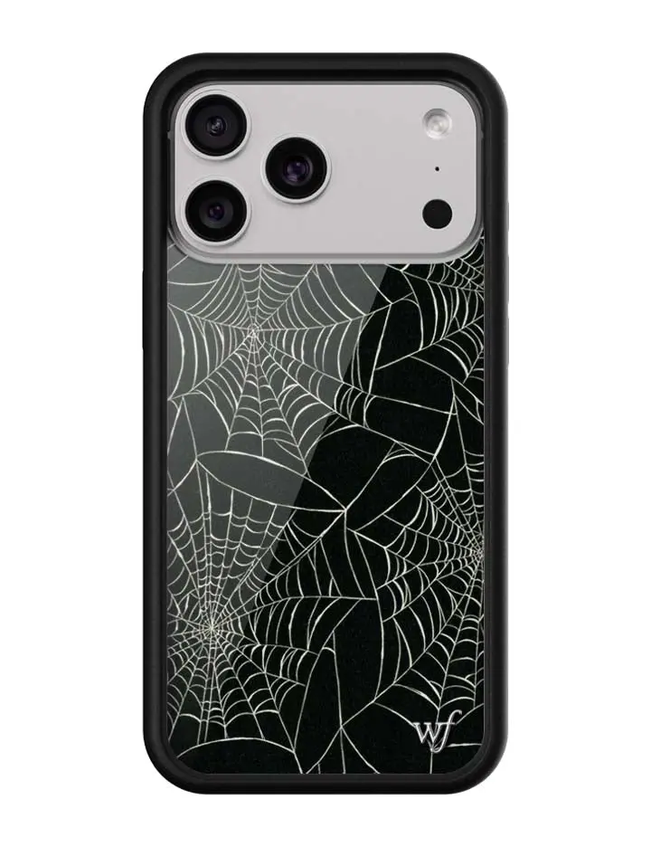 Itsy Bitsy | Limited Edition Trendy Collab iPhone Case | Raised Protective Black Bumper | Women Owned Small Business | Black Background White Spider Cobwebs | Safety Casing Protective | Gift for Her