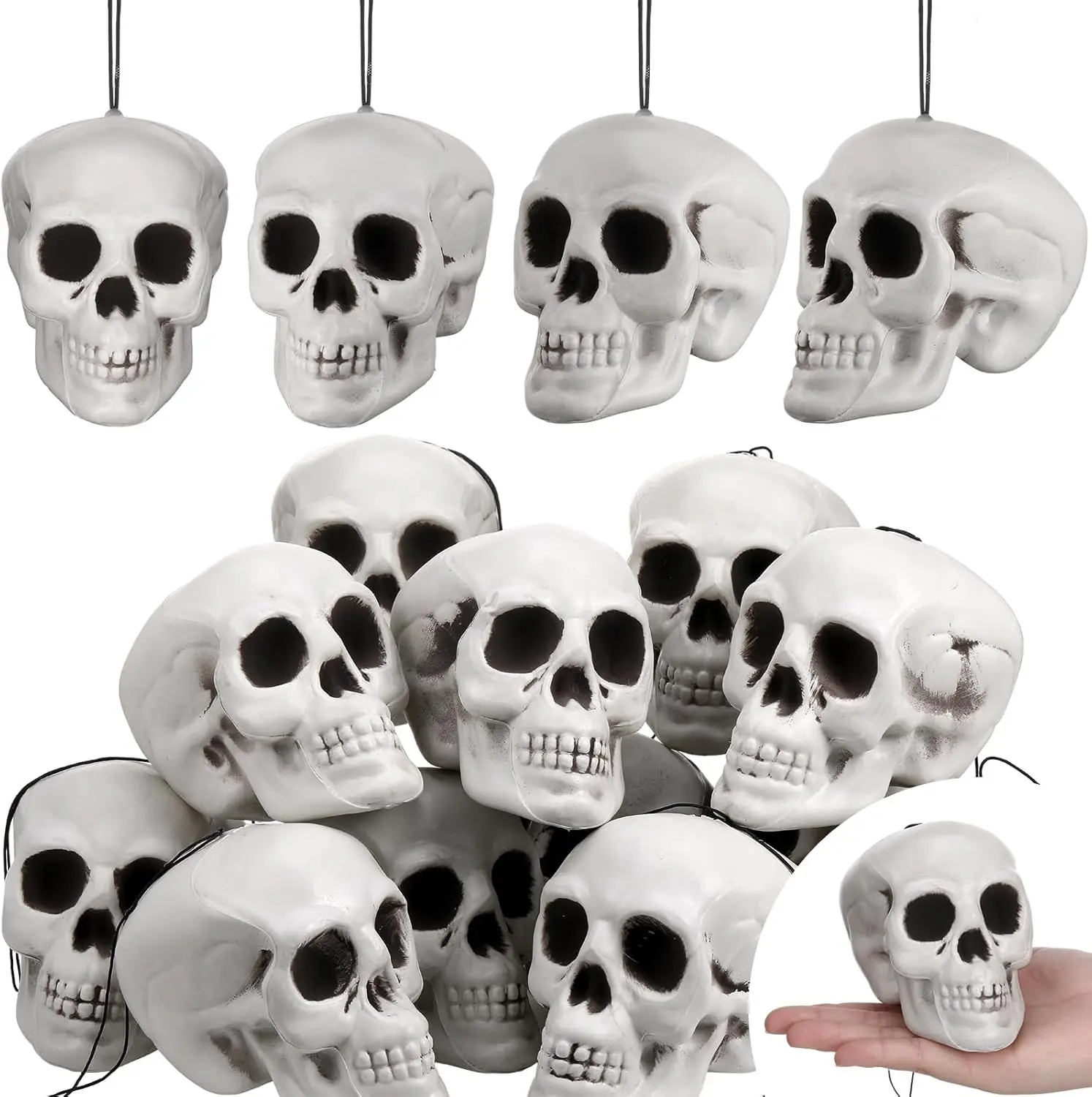 12 count Halloween Skull Hanging Tree Ornament Decor Plastic Mini Halloween Skulls  Small Skeleton  Decoration Hanging Ornament for  Saint's Day Party Supplies (4.3x4.3x3.15'')