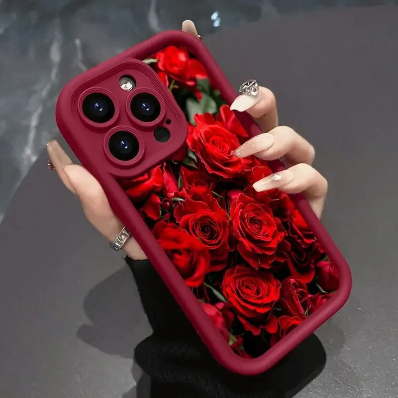 Case for iPhone 16 E Pro Max 15 Plus 14 13 12 11 XS XR Charming Red Roses Drop Protection Shockproof Soft Silicone smartphone Cover