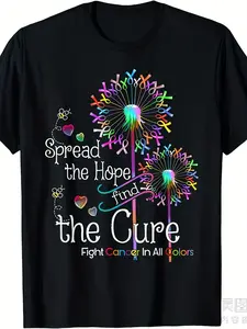 Men'S & Women'S Cancer Awareness T-Shirt - with Colorful Ribbon & Dandelion Design, "Spread Hope Fight Cancer" Slogan, 220gsm Heavyweight Pure, Unisex Retro Round Neck Short Sleeve Tee for Charity Events & Casual Attire