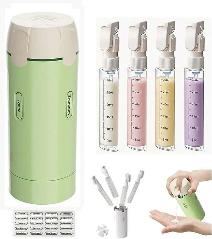 4 in 1 Travel Dispenser,4 Pack 30ML Travel Bottles for Toiletries,Refillable, Leak Proof and Portable,Suitable for Storing Shampoo, Shower Gel, Suitable for Travel, Camping (Green)