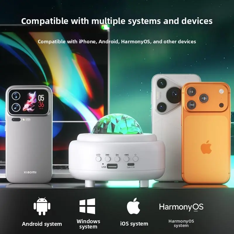 Projector Aurora Night Light with Built-in Audio, USB-Powered RGB 16-Color Lighting, Remote Control, Indoor Ambient Audio Speaker for Bedroom, Gaming Room, Ambient Light