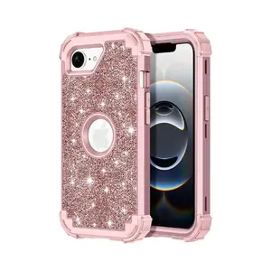 Rose Gold Glitter Case for iPhone 16e 2025 – 3-in-1 Hybrid Shockproof Protective Cover with Hard Plastic Bumper & Soft Silicone, Sparkly Bling Design for 6.1" iPhone 16e
