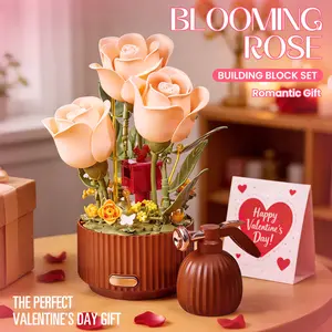 Dynamic Interactive Building Block Flower One Click Blooming Ambient Night Light Educational Assembly Desktop Ornament Perfect Gift(Building block style, requires assembly)