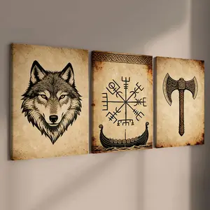 Vintage Viking Elements Canvas Poster with Wooden Frame, Stylish Living Room and Bedroom Decor, Waterproof Art for Modern Homes