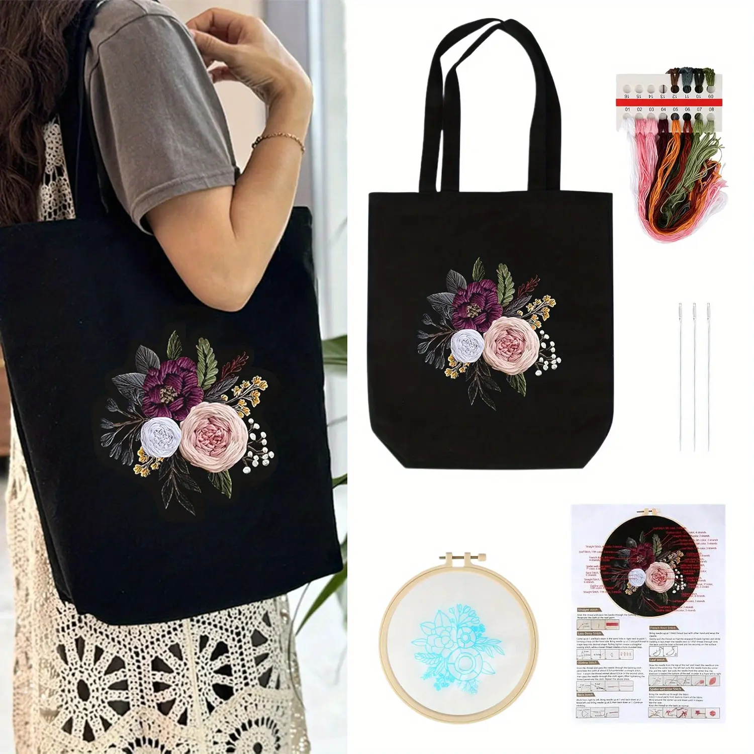1 set of embroidery starter kit, including canvas tote bag, instruction manual, thread, needle, embroidery circle, DIY embroidery supplies for beginners, Christmas and Halloween birthday gifts