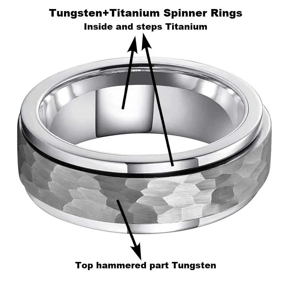 Yonifu 8mm Hammered Tungsten Ring, Classic Fidget Spinner Band for Men, Scratch-Resistant Comfort Fit Wedding Engagement Gift, Tungsten Rings, Minimalist, Anniversary, Rotate, Unisex, Casual, Engagement Rings