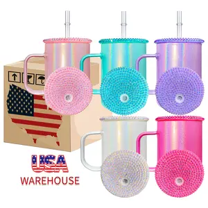 25 Pack YIPAI USA Warehouse 17oz Shimmer Glass Mugs With Rhinestones Bling Plastic Lids for DIY Blank Sublimation Drinkware Tumbler