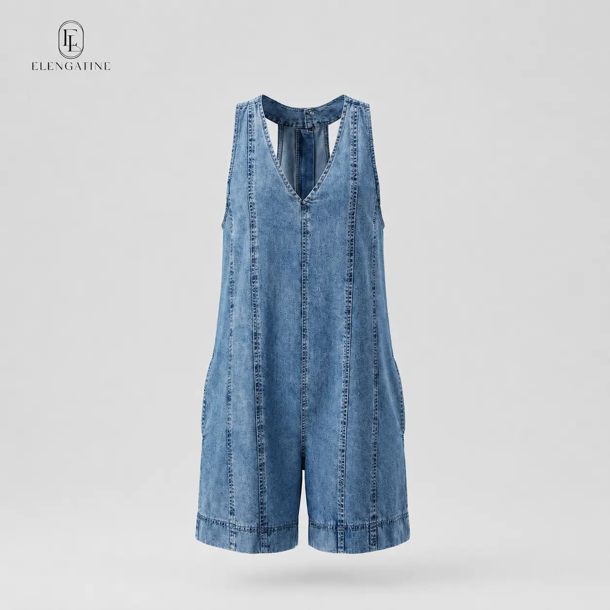 Elengatine Viral Denim Romper for Women | Sleeveless V Neck Loose Fit Jean Playsuit with Pockets | Lightweight & Breathable Denim, Flowy A-Line Silhouette | Effortless Chic & Casual Cool | Perfect for Spring Summer Outfits, Vacation, Brunch