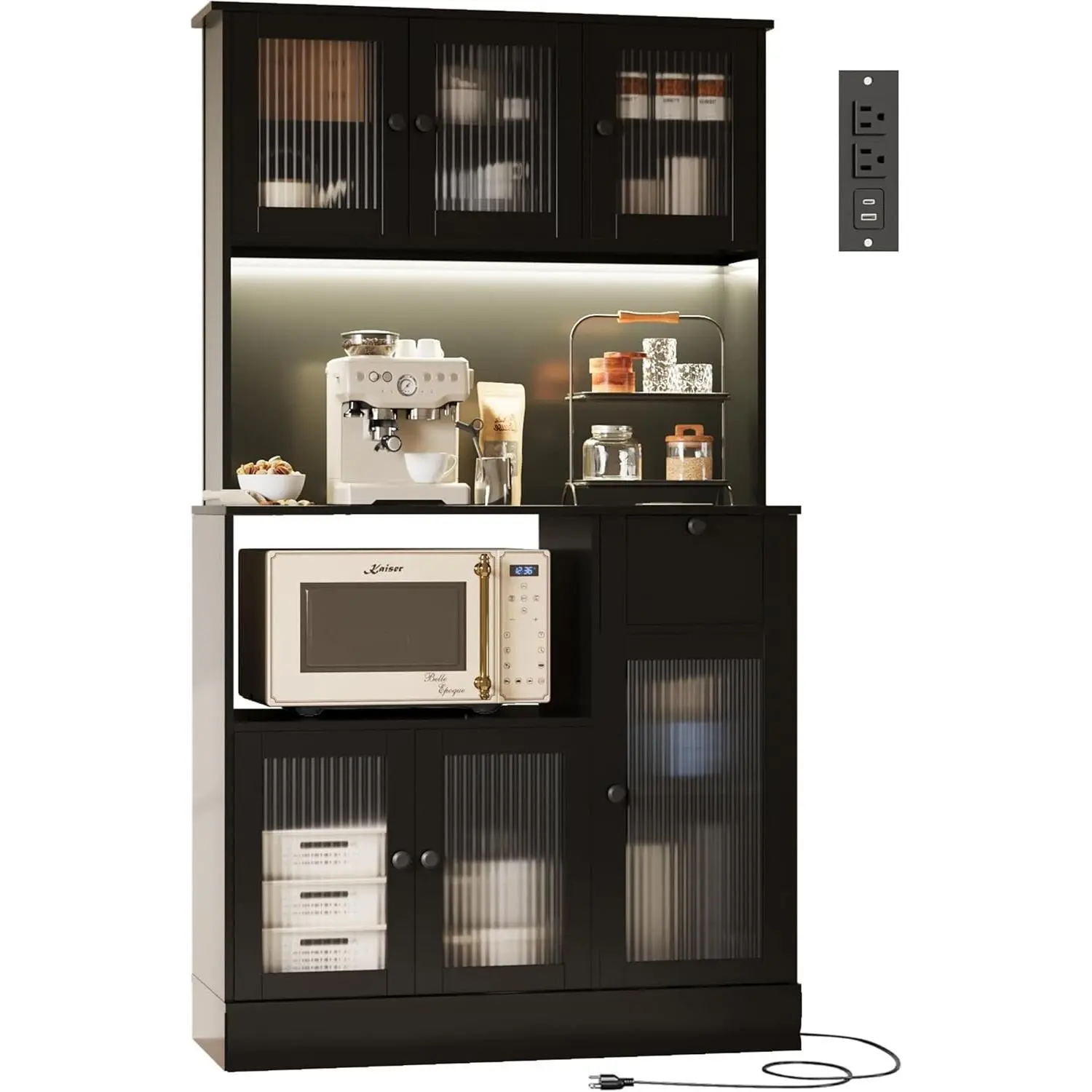 71" Kitchen Hutch Cabinet with Storage for Living & Dining Room, Kitchen Pantry Cabinet with LED Light & Outlet, All Black