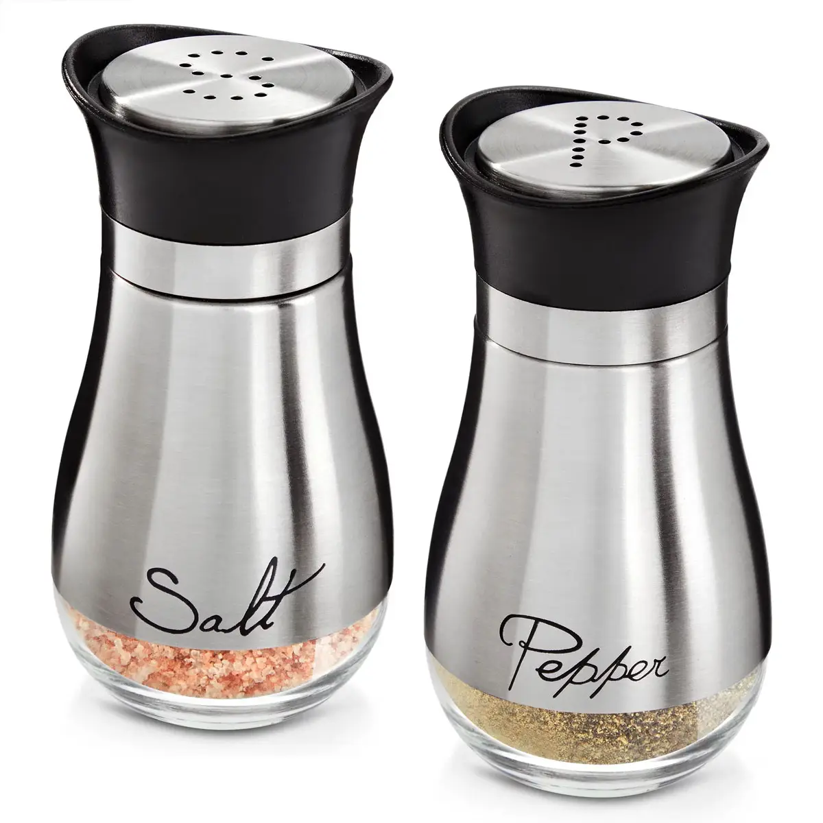 Stainless Steel Salt & Pepper Seasoning Jar Set with Glass Bottles, Spice Dispenser Kitchen Accessories for Tables, RVs, Camping, BBQ (Set of 2)