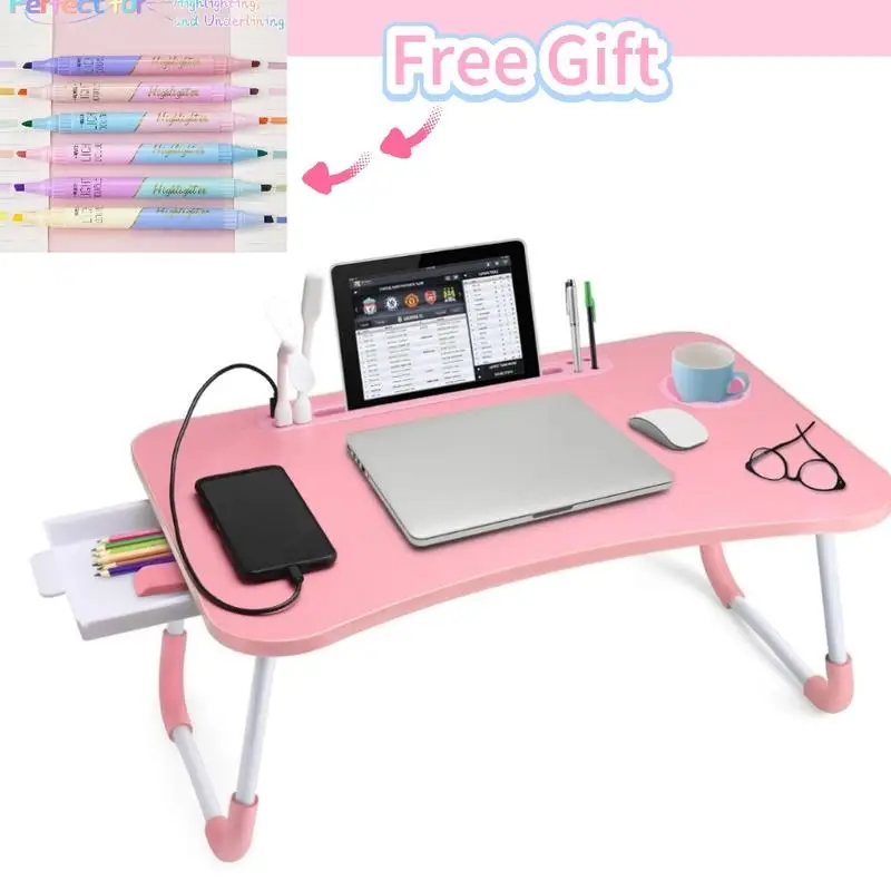 Ultra Large Portable Foldable Laptop Bed Table, Multi Functional Tray Holder with Cup Holder & Drawer, Perfect for Eating, Reading, and Writing on Bed