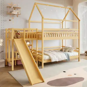 Bellemave Solid Pine Wood House-Shaped Twin Size Bunk Bed Frame - Playhouse Design with Roof, Slide, Storage Stairs, 2 Placement Methods, Noise-Free, Fits Single Mattress for Bedroom