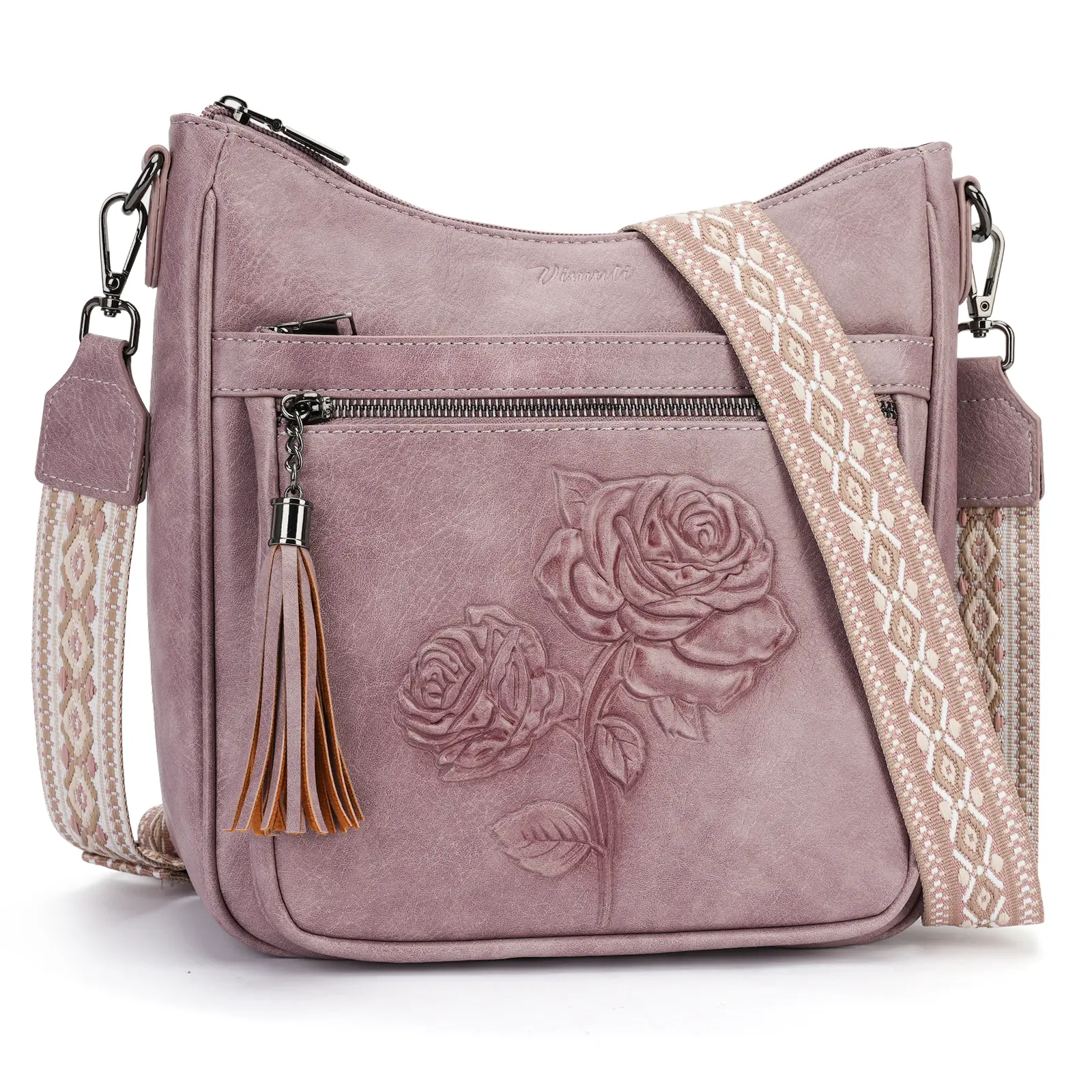 Women's Designer-Inspired Embossed Roses Vegan Leather Crossbody Bag - Adjustable, Lightweight Boho Casual Graphic Purse for Back-to-School Outfit Elevation