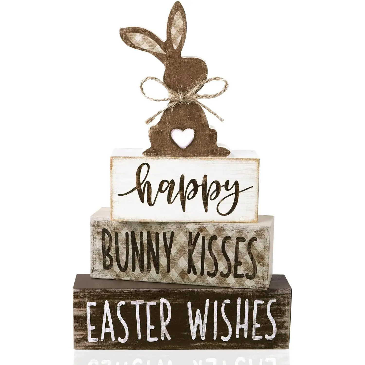 4Pcs Retro Bunny Wooden Block Sign Set, Rustic Farmhouse Tabletop Decor, Happy Easter Centerpiece for Kitchen Home Party Supplies, Tiered Tray Gift Plaque