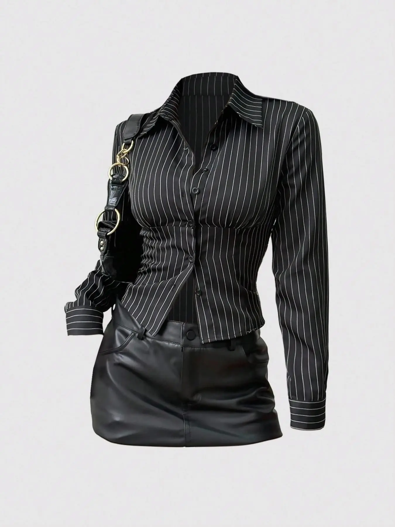 Women's Fashion Button-Up Button Front Collared Casual Fitted Slim-Fit Striped Collar Long Sleeve Shirt, Spring & Fall Casual Wear, Stylish Women's Blouse