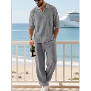 Men’s linen polo shirt and pants set, casual loose-fit long-sleeve top, woven fabric for spring and autumn daily wear