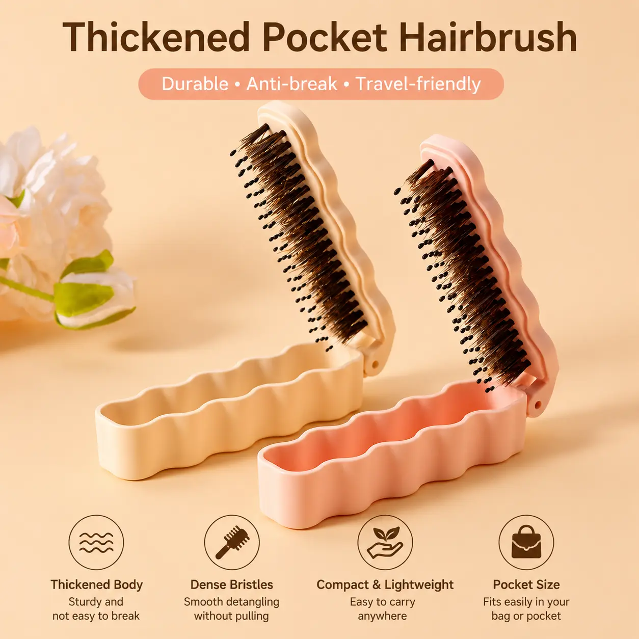 Women's Collapsible Bristle Hair Brush-Comb, 1-Count Travel Size Lightweight Durable Detangling Tool, Compact Pocket Carry for Daily Grooming (Bristle Hair Brushes & Combs)