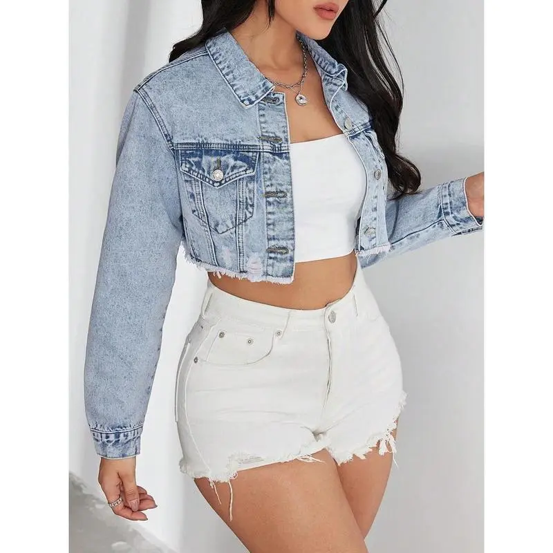 Frayed Edge Crop Washed Denim Jacket Long Sleeve Fabric winter clothes women Can be used with raincoat