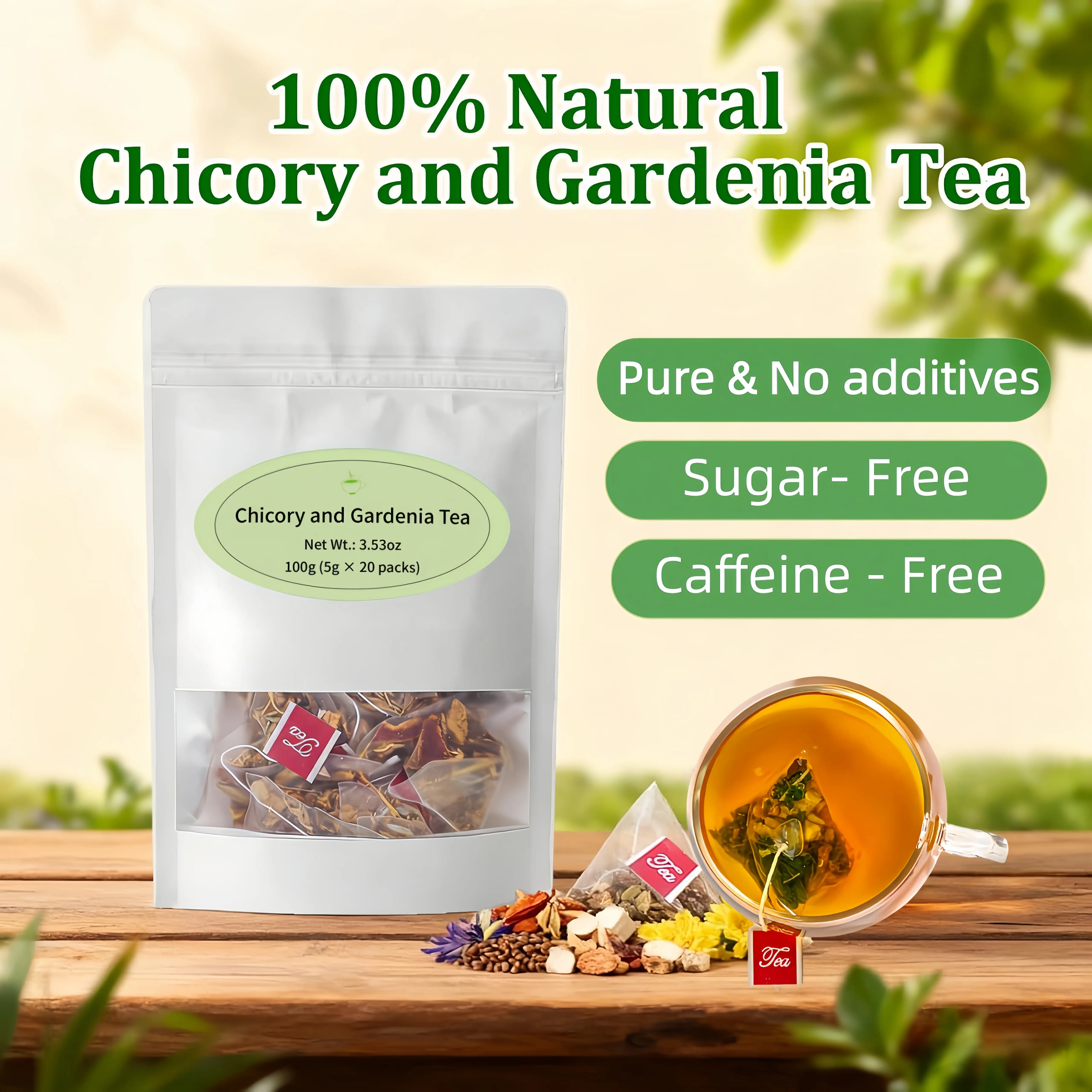 20 Bag Chicory and Gardenia Herbal Tea Ready to Eat Convenient, 7-Ingredient Blend with Chicory, Gardenia, Mulberry Leaf | Vegan & Caffeine-Free