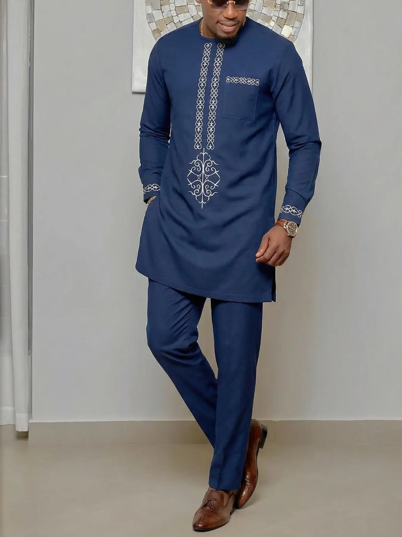 Muslim Men's Modest 2-Piece Set Blue African Boubou Long Sleeve Embroidered Detailing Ethnic Suit Outfits Clothing, Elegant Formal Wear for Festivals Weddings Parties Gifts