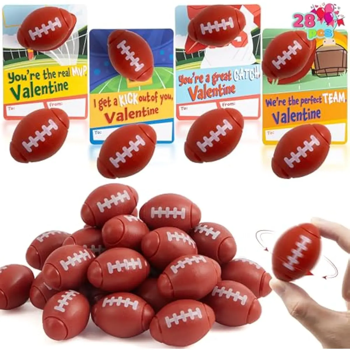 28 Packs Valentine Mini Football Fidget Spinner Balls with Gift Cards for Kids Valentine's Party Favors,Valentines Classroom Exchange Gift Toys for Kid Classroom Prizes Exchange Cards